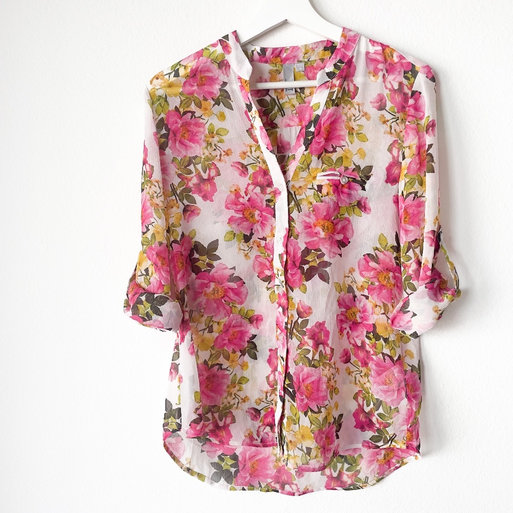 KUT FROM THE KLOTH Blouse Jasmine Chiffon Roll Tab Sleeves Semi Sheer Floral XS